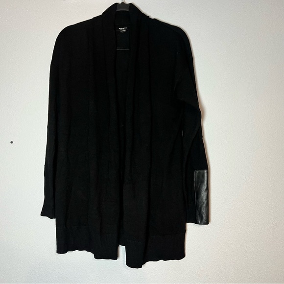 Worth Black Open Front Wool Knit Cardigan Sweater Size Small Leather Detail Long - Picture 2 of 10